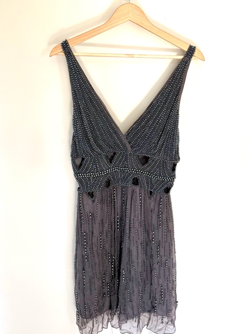 Beaded V-Neck Midi Dress - gray